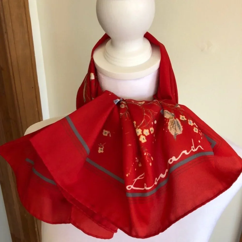 LEONARD Red Floral Square Scarf Vintage
